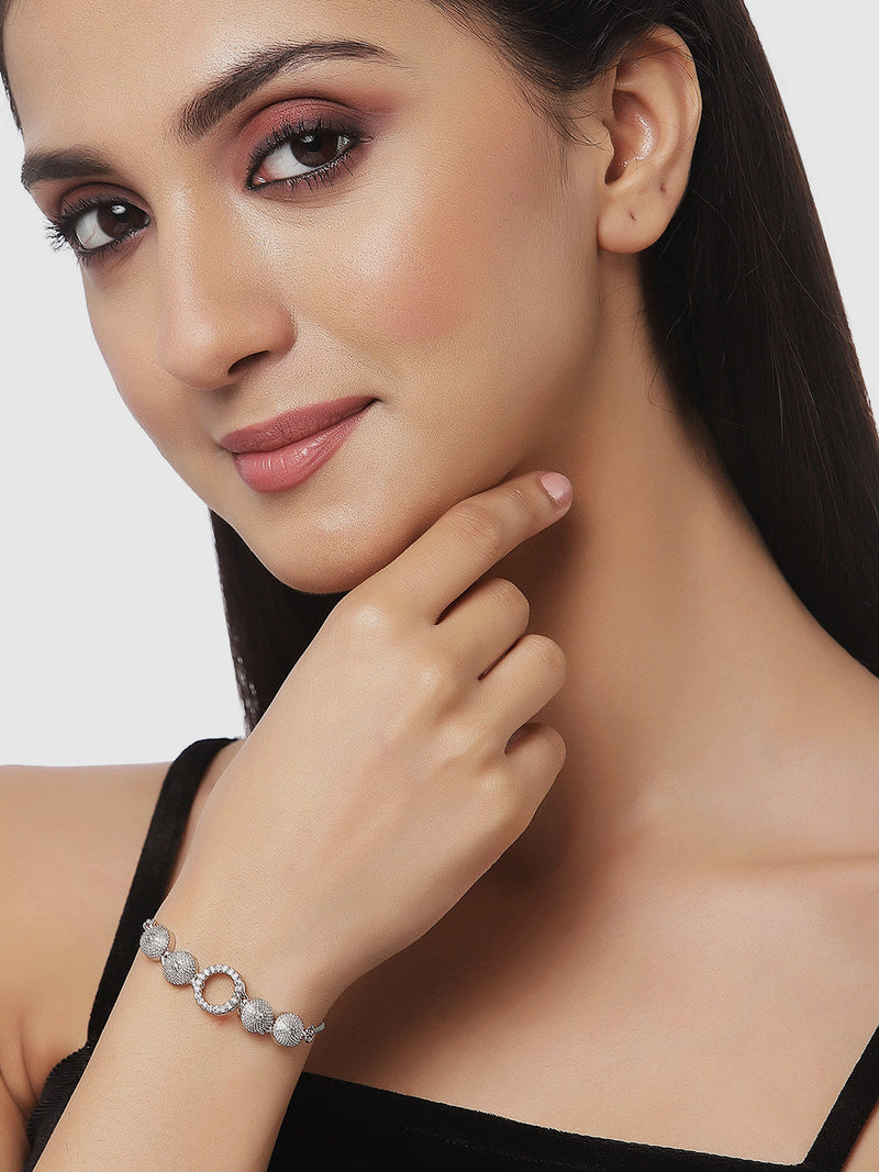 Rhodium Plated Silver Toned American Diamond Studded Heart & Halo Round Charm Adjustable Bracelet Combo Set of 2