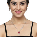 Rhodium-Plated Red American Diamond Studded Square & Leaf Shaped Pendant with Earrings Jewellery Set