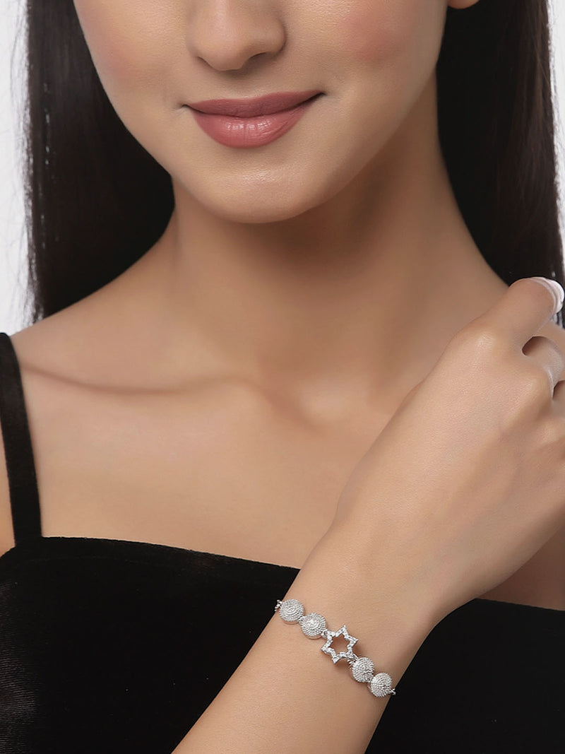 Rhodium Plated Silver Toned American Diamond Studded Halo Star Charm & Floral Design Adjustable Bracelet Combo Set of 2