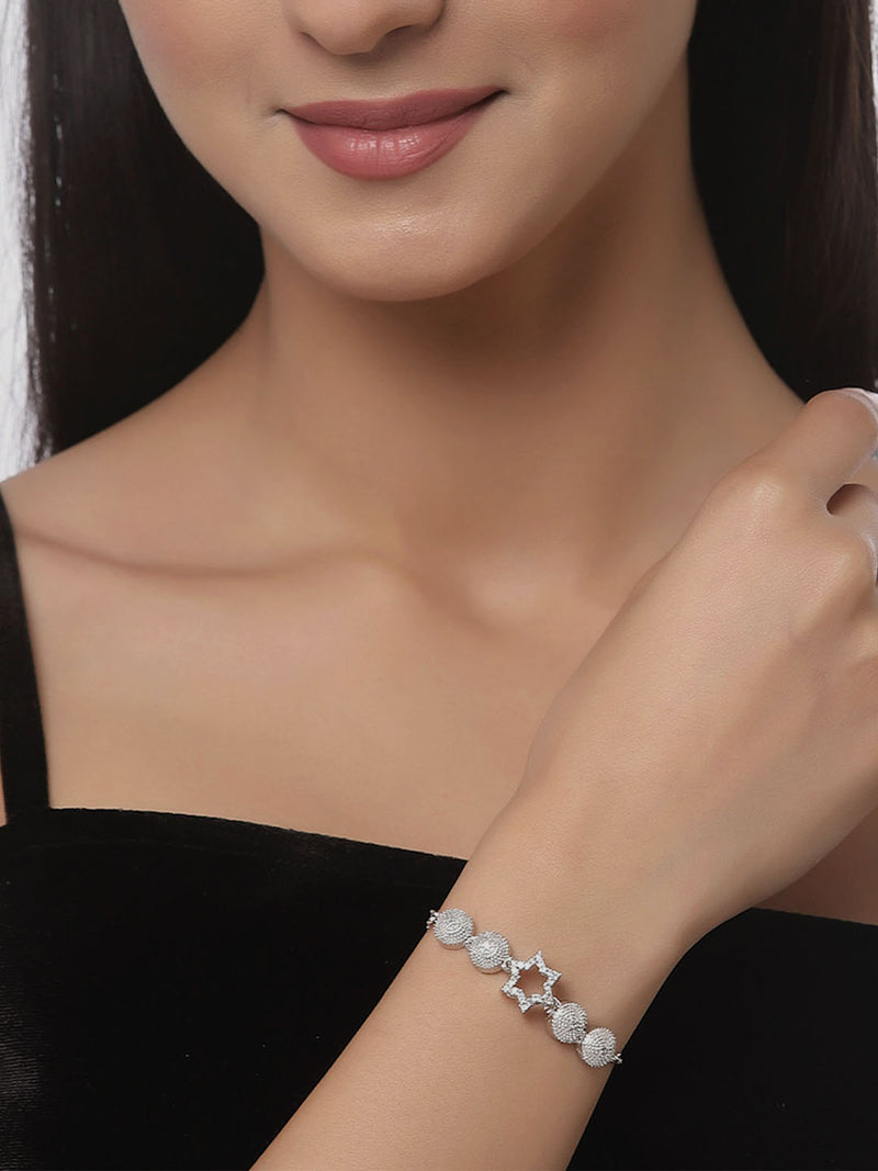 Rhodium Plated Silver Toned American Diamond Studded Star Charm & Sea Green Floral Design Adjustable Bracelet Combo Set of 2