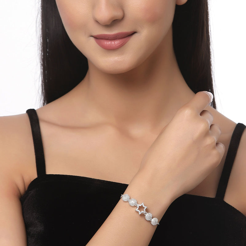 Rhodium Plated Silver Toned American Diamond Studded Star Charm & Sea Green Floral Design Adjustable Bracelet Combo Set of 2