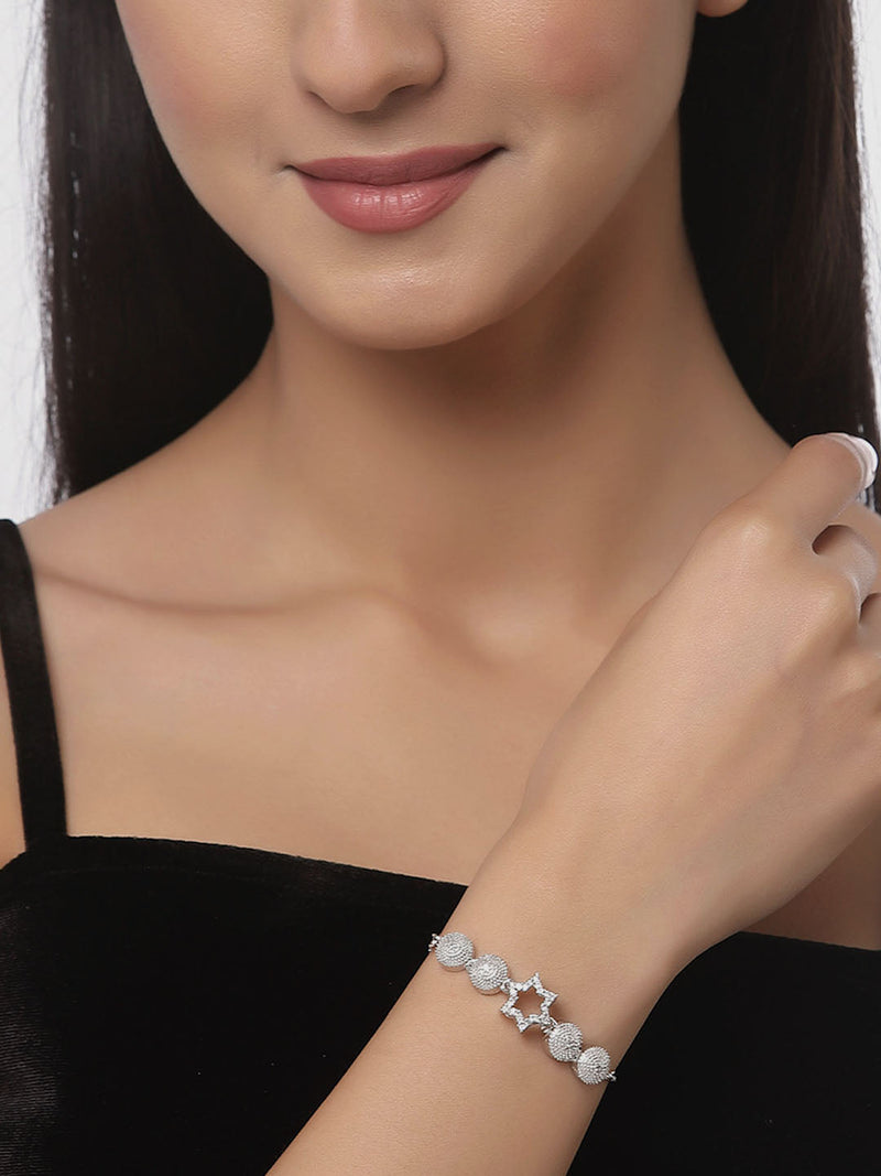 Rhodium Plated Silver Toned American Diamond Studded Round & Star Charm Adjustable Bracelet Combo Set of 2