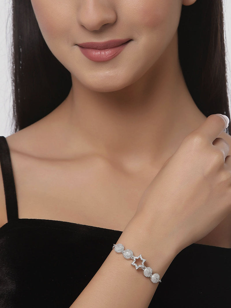 Rhodium Plated Silver Toned American Diamond Studded Halo Teardrop Design & Star Charm Adjustable Bracelet Combo Set of 2