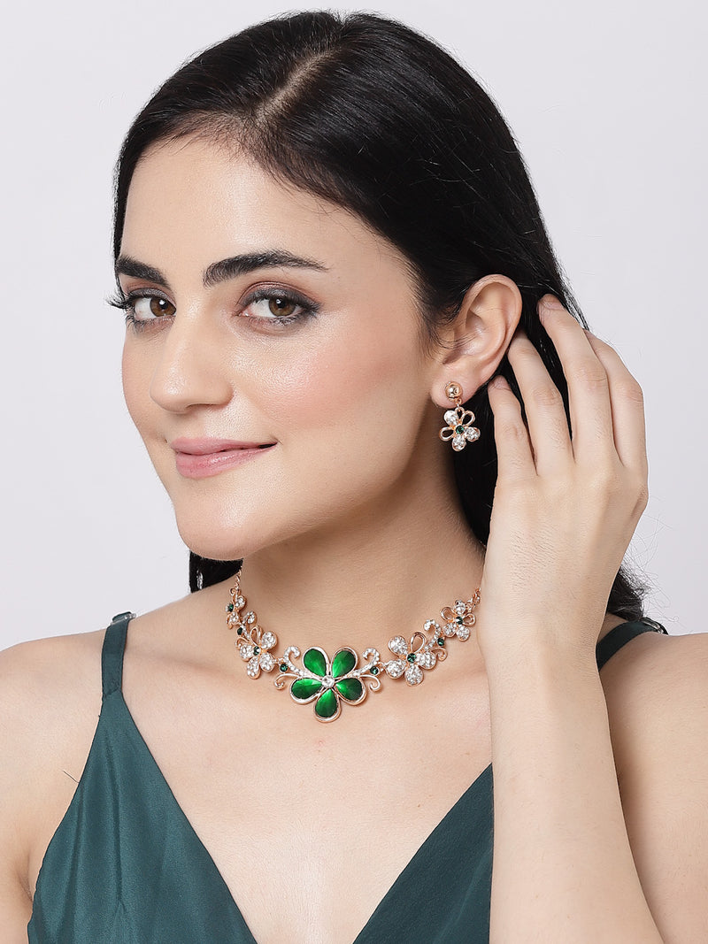 Rose Gold-Plated Green American Diamonds Studded Floweret Necklace & Earrings Jewellery Set