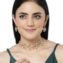 Rose Gold-Plated White Cubic Zirconia & White Pearls Studded Leaf Shaped Necklace with Earrings Jewellery Set