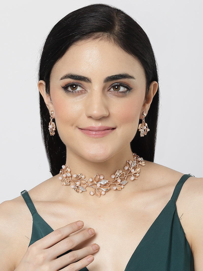 Rose Gold-Plated White Cubic Zirconia & White Pearls Studded Leaf Shaped Necklace with Earrings Jewellery Set