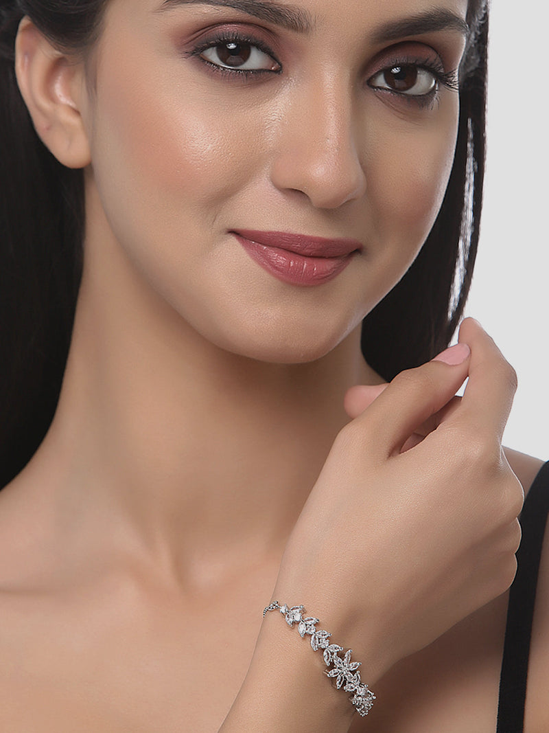 Rhodium Plated Silver Toned American Diamond Studded Square Charm & White Floral Design Adjustable Bracelet Combo Set of 2