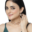 Rose Gold-Plated White Cubic Zirconia & White Pearls Studded Leaf Shaped Necklace with Earrings Jewellery Set