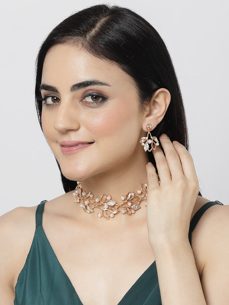 Rose Gold-Plated White Cubic Zirconia & White Pearls Studded Leaf Shaped Necklace with Earrings Jewellery Set