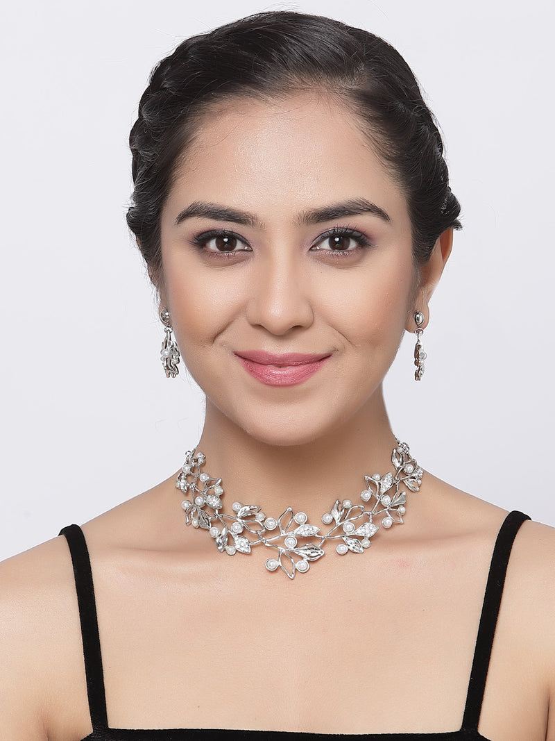 Silver-Plated White Cubic Zirconia & White Pearls Studded Leaf Shaped Necklace with Earrings