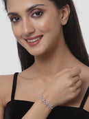 Rhodium Plated Silver Toned American Diamond Studded Round Charm & Pink Floral Design Adjustable Bracelet Combo Set of 2