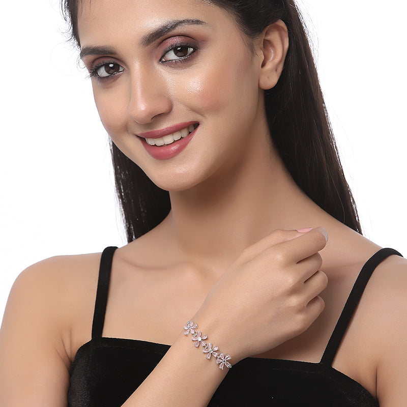 Rhodium Plated Silver Toned American Diamond Studded Round Charm & Pink Floral Design Adjustable Bracelet Combo Set of 2