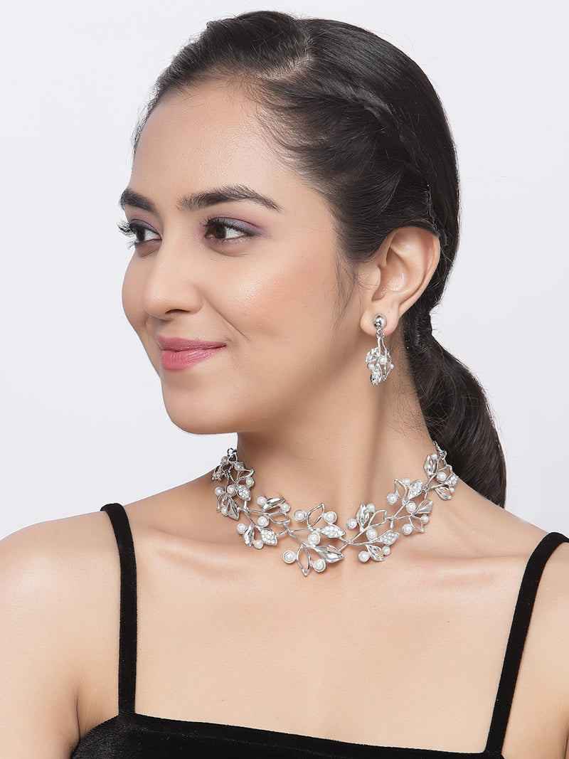 Silver-Plated White Cubic Zirconia & White Pearls Studded Leaf Shaped Necklace with Earrings