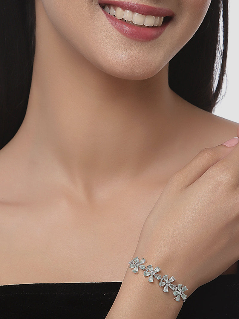 Rhodium Plated Silver Toned Sea Green Floral Set Of 2 Adjustable Stackable Bracelet