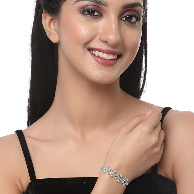 Rhodium Plated Silver Toned American Diamond Studded Star Charm & Sea Green Floral Design Adjustable Bracelet Combo Set of 2