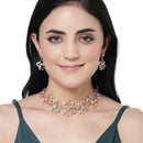 Rose Gold-Plated Blue Cubic Zirconia & White Pearls Studded Leaf Shaped Necklace with Earrings