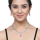 Silver-Plated Pink Cubic Zirconia Studded Teardrop Shaped Necklace with Earrings Jewellery Set