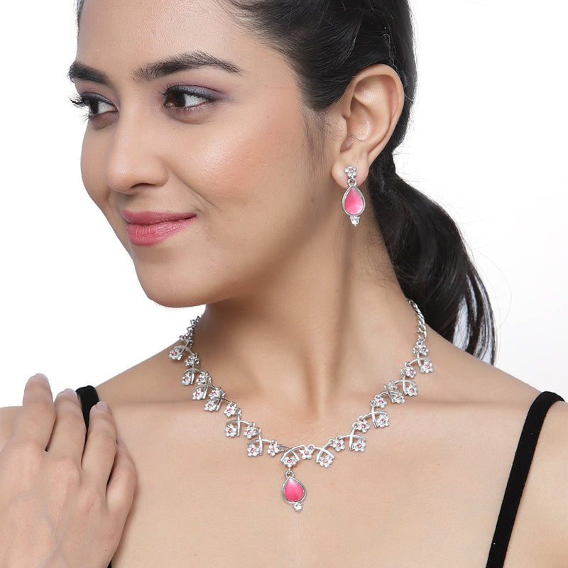 Silver-Plated Pink Cubic Zirconia Studded Teardrop Shaped Necklace with Earrings Jewellery Set