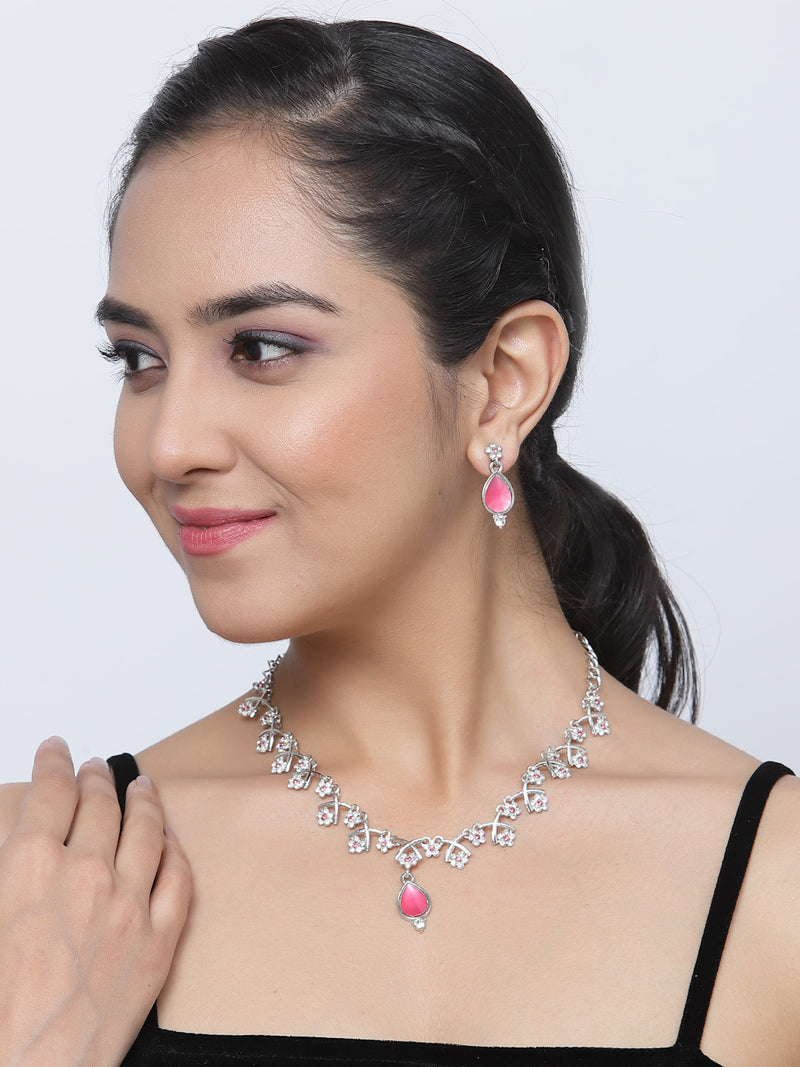 Silver-Plated Pink Cubic Zirconia Studded Teardrop Shaped Necklace with Earrings Jewellery Set