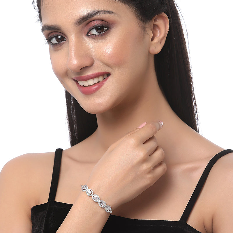 Rhodium Plated Silver Toned American Diamond Studded  Round Design Charm Adjustable Bracelet Combo Set of 2