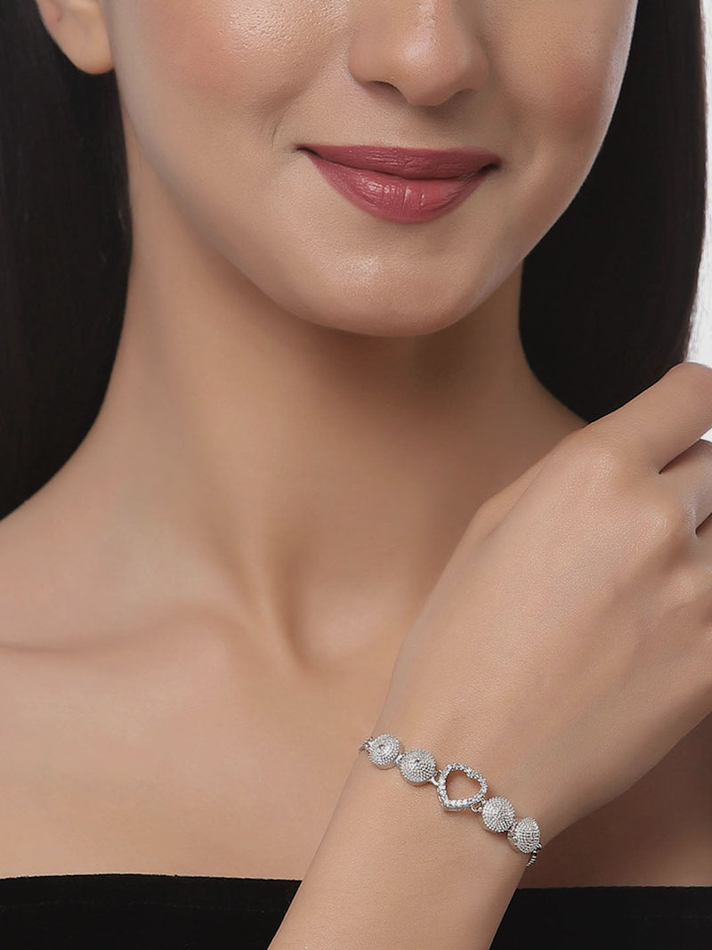 Rhodium Plated Silver Toned American Diamond Studded Halo Heart & Square Charm Adjustable Bracelet Combo Set of 2