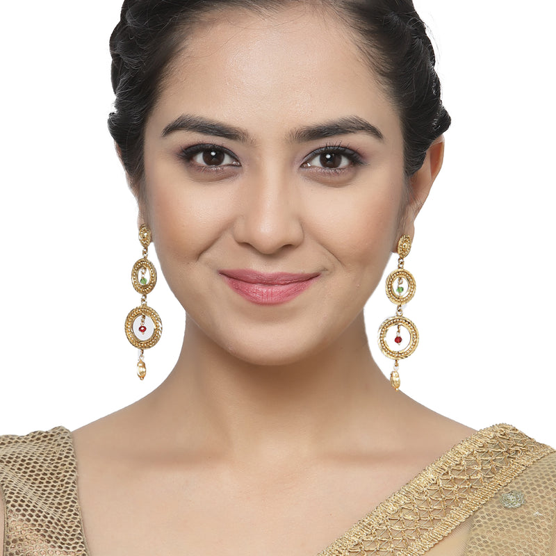 Gold-Plated Red & Green Cubic Zirconia studded Circular Shaped Drop Earrings