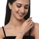 Rhodium Plated Silver Toned American Diamond Studded Heart Charm & White  Floral Design Adjustable Bracelet Combo Set of 2