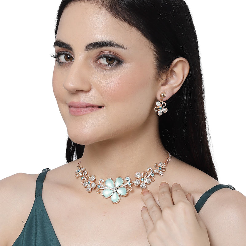 Rose Gold-Plated Sea Green American Diamonds Studded Floweret Necklace & Earrings Jewellery Set