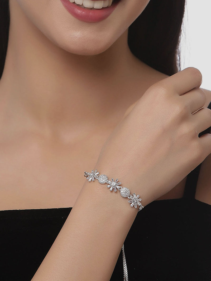 Rhodium Plated Silver Toned White Floral Set Of 2 Adjustable Stackable Bracelet