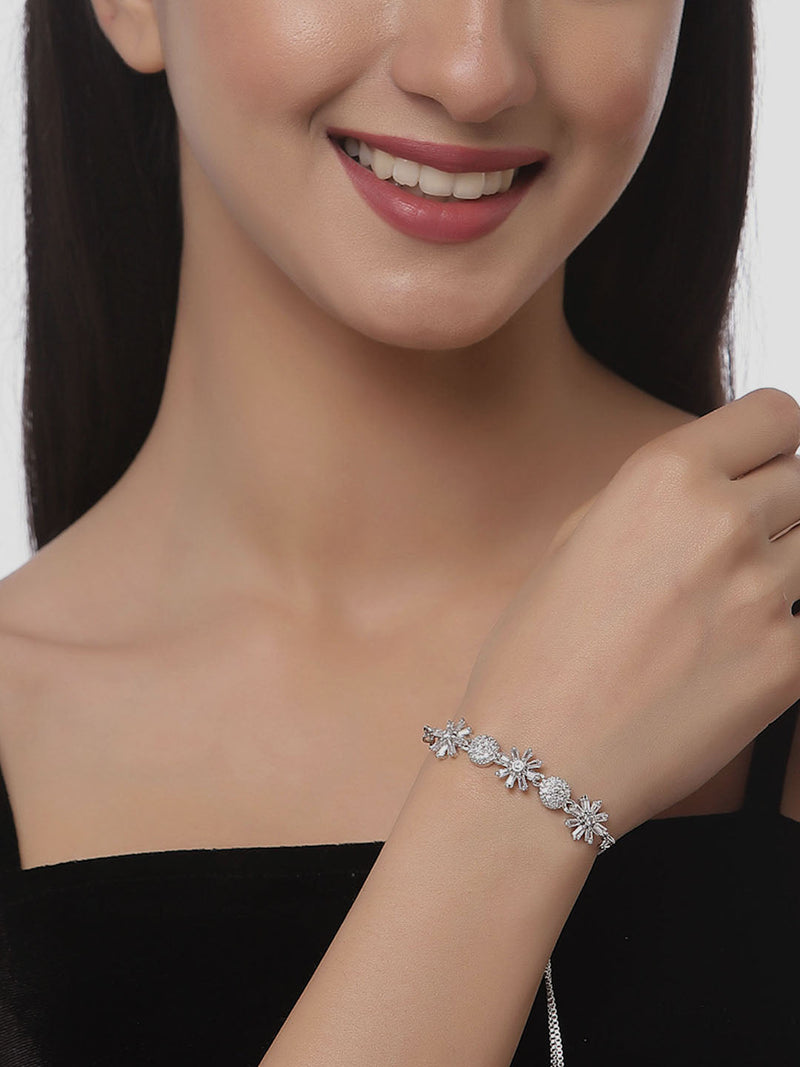 Rhodium Plated Silver Toned American Diamond Studded Floral Design & Round Charm Adjustable Bracelet Combo Set of 2