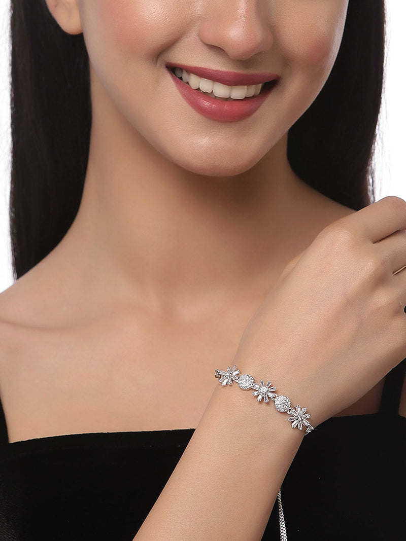 Rhodium Plated Silver Toned Round Charm Beaded & Floral Set Of 2 Adjustable Stackable  Bracelet