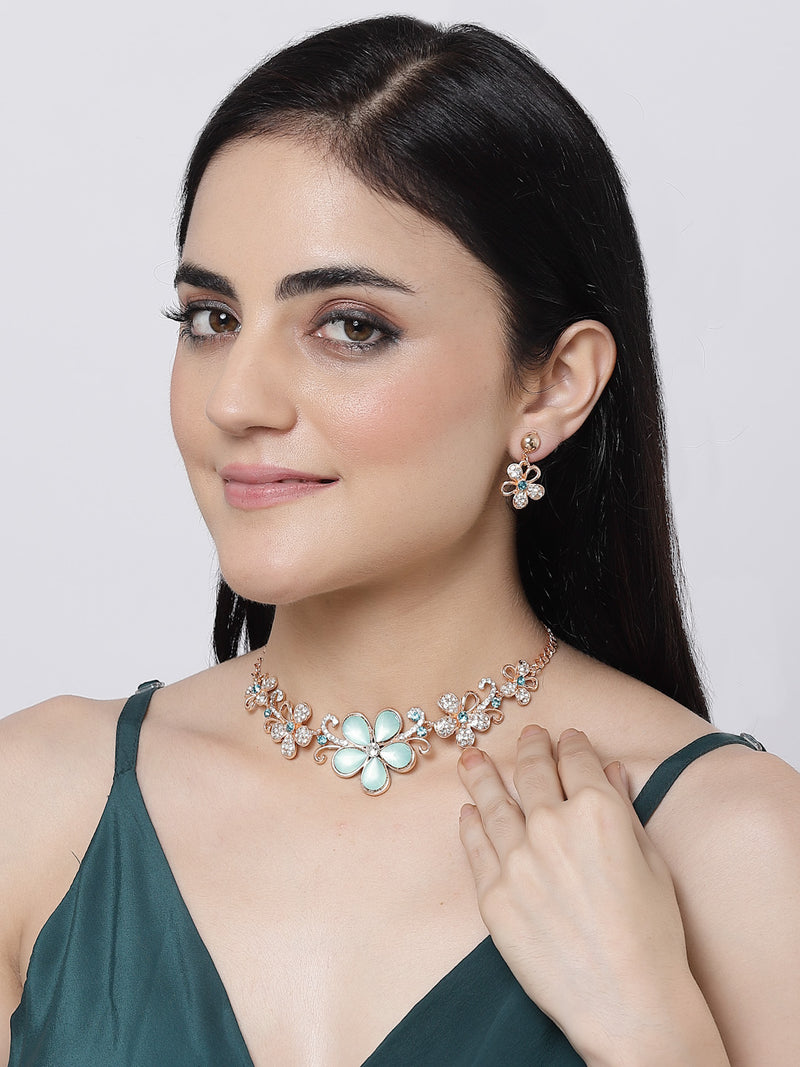 Rose Gold-Plated Sea Green American Diamonds Studded Floweret Necklace & Earrings Jewellery Set