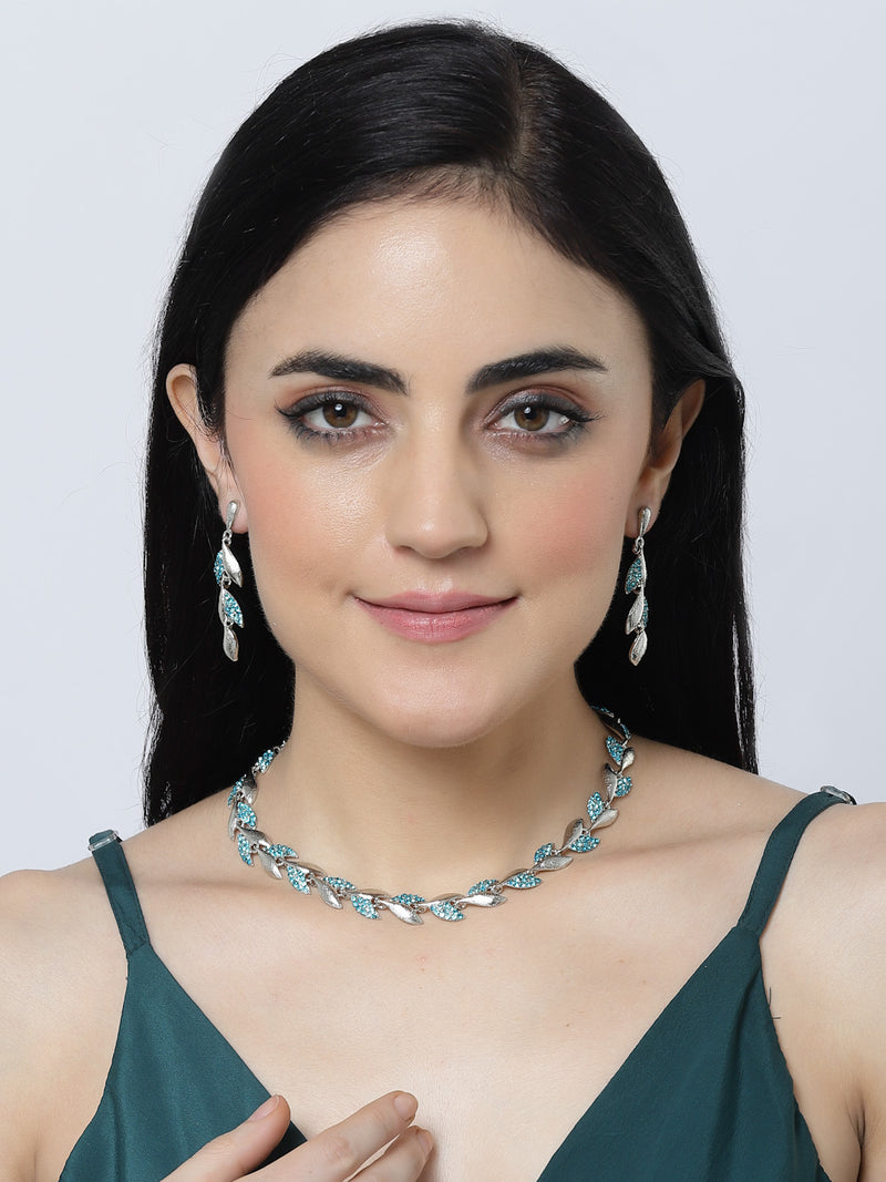 Silver-Plated Blue Cubic Zirconia Studded Leaf Shaped Necklace with Earrings Jewellery Set