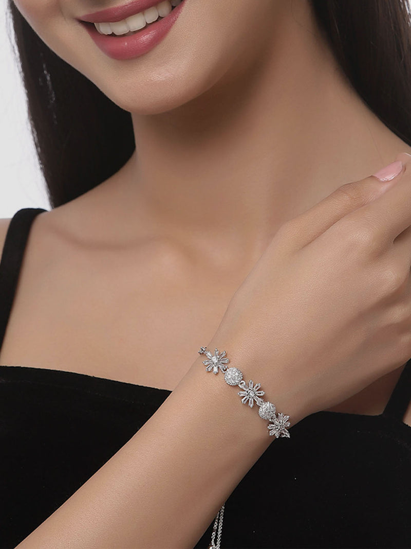 Rhodium Plated Silver Toned Sea Green Floral Set Of 2 Adjustable Stackable Bracelet