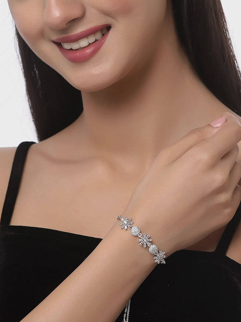 Rhodium Plated Silver Toned American Diamond Studded Halo Star Charm & Floral Design Adjustable Bracelet Combo Set of 2
