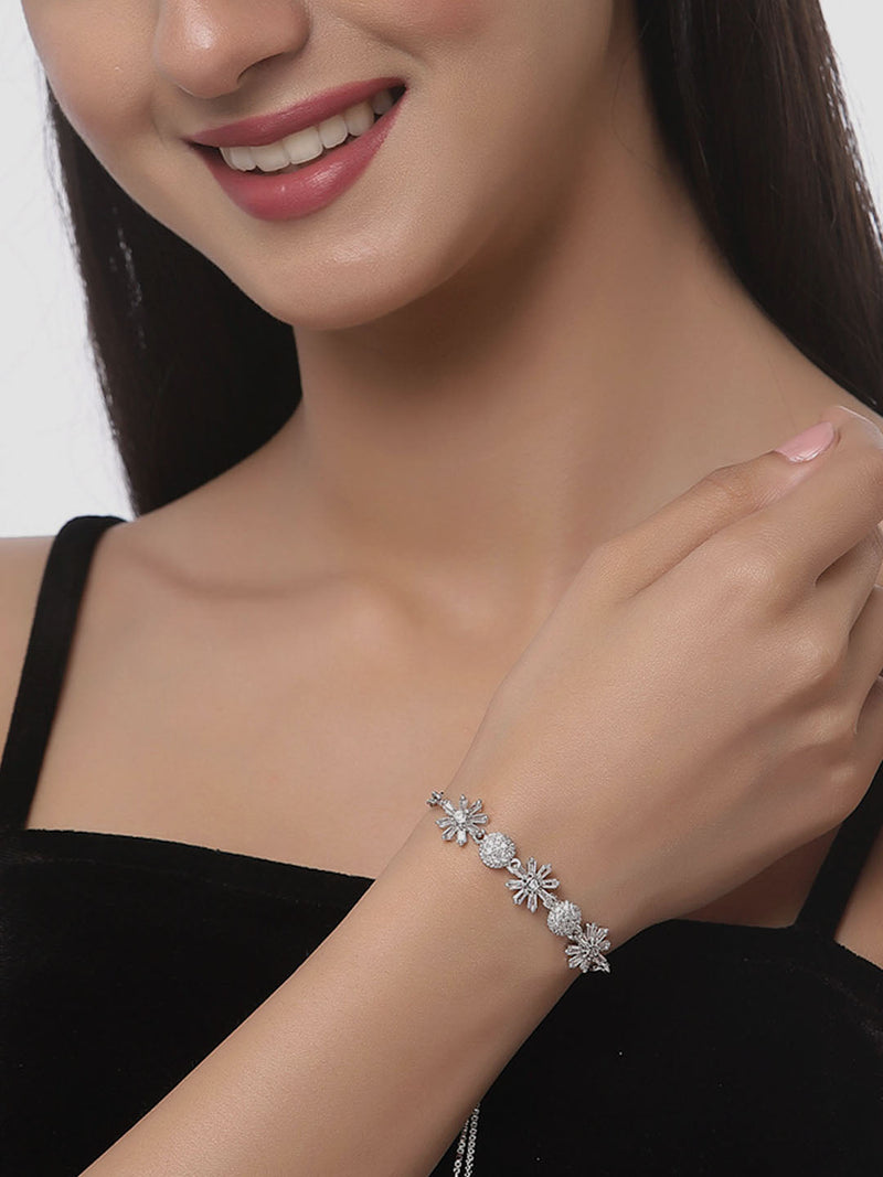 Rhodium Plated Silver Toned White Floral Set Of 2 Adjustable Stackable Bracelet