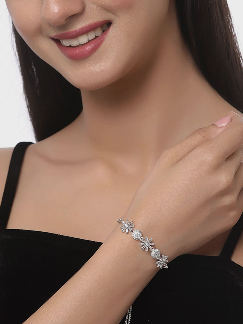 Rhodium Plated Silver Toned American Diamond Studded Halo Heart Charm & Floral Design Adjustable Bracelet Combo Set of 2