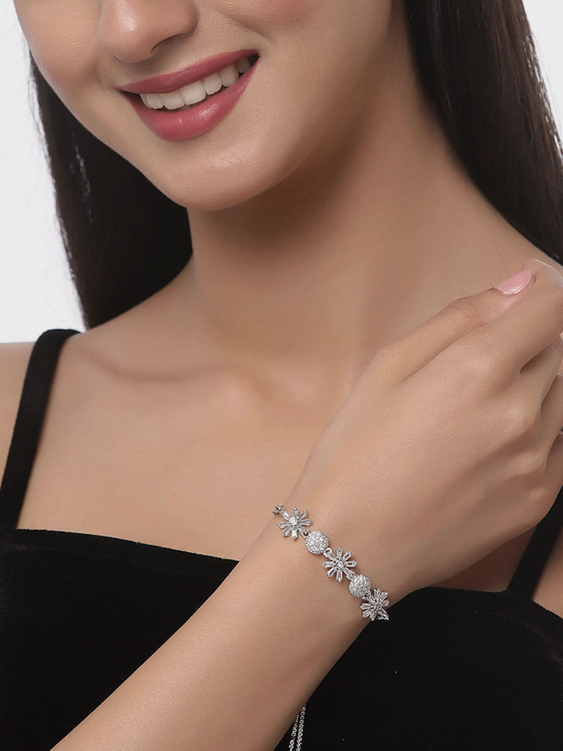 Rhodium Plated Silver Toned American Diamond Studded Halo Round Charm & Floral Design Adjustable Bracelet Combo Set of 2