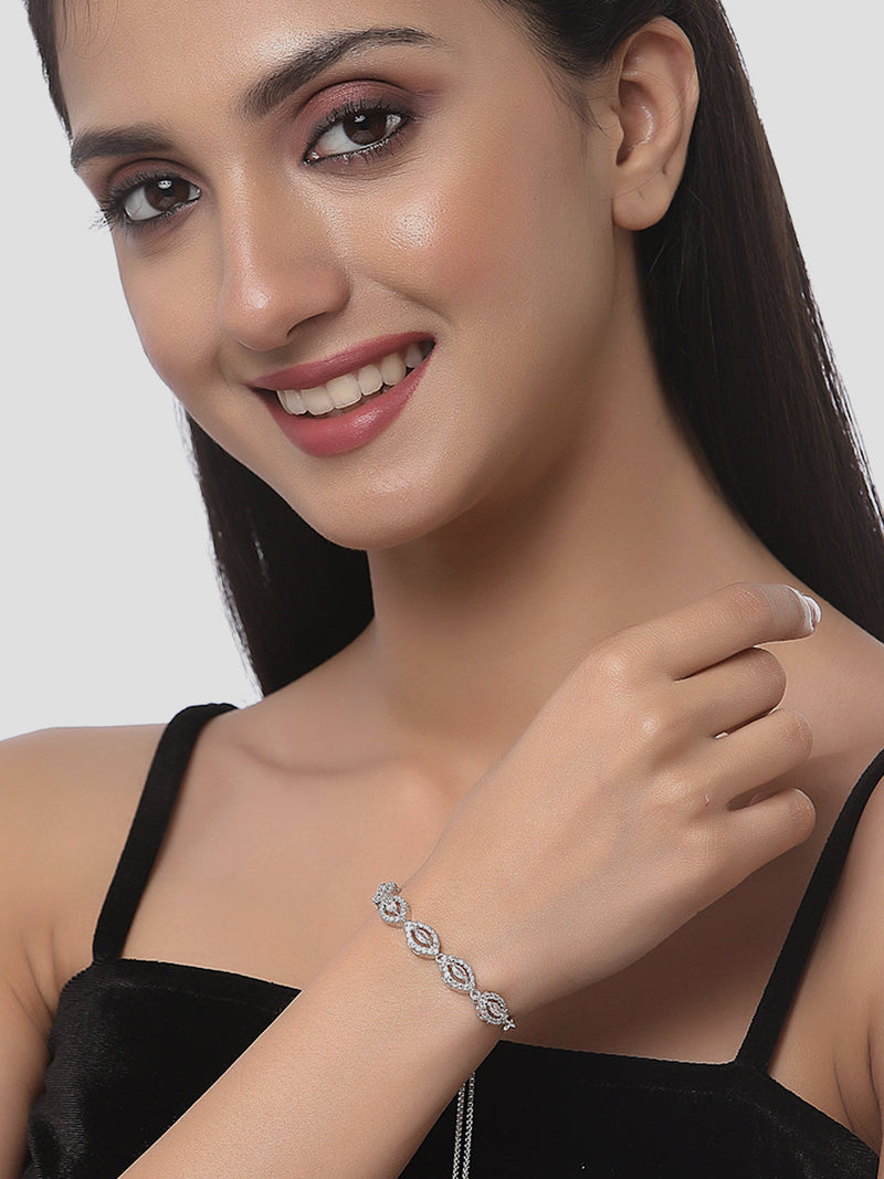 Rhodium Plated Silver Toned American Diamond Studded Halo Teardrop Design & Star Charm Adjustable Bracelet Combo Set of 2