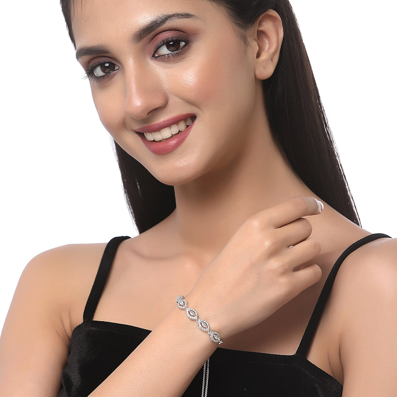 Rhodium Plated Silver Toned American Diamond Studded Halo Teardrop Design & Star Charm Adjustable Bracelet Combo Set of 2