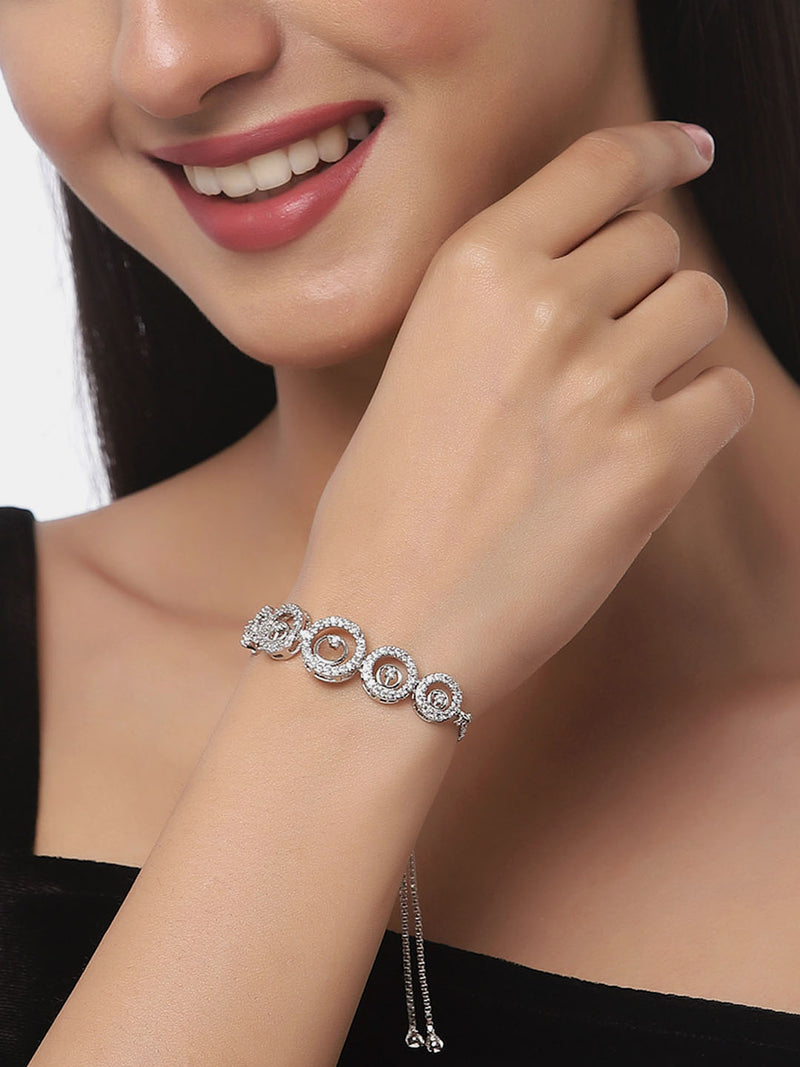 Rhodium Plated Silver Toned American Diamond Studded Round Design Charm Adjustable Bracelet Combo Set of 2
