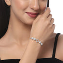 Rhodium Plated Silver Toned American Diamond Studded Square Charm & White Floral Design Adjustable Bracelet Combo Set of 2