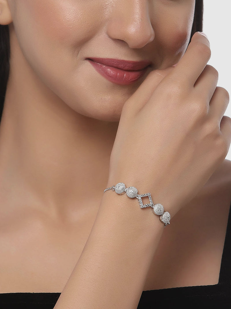 Rhodium Plated Silver Toned American Diamond Studded Square & Round Charm Adjustable Bracelet Combo Set of 2