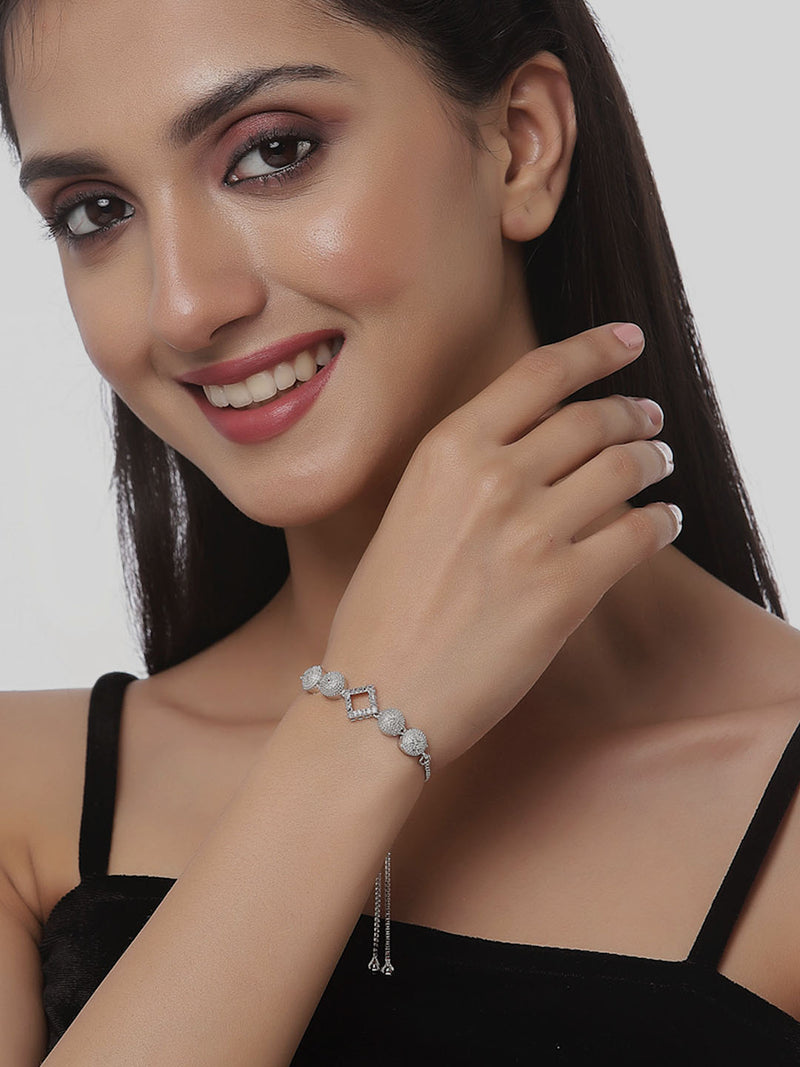 Rhodium Plated Silver Toned American Diamond Studded Square & Floral Charm Adjustable Bracelet Combo Set of 2