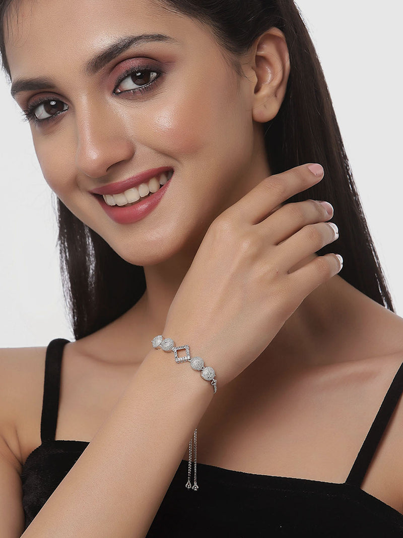 Rhodium Plated Silver Toned American Diamond Studded Halo Heart & Square Charm Adjustable Bracelet Combo Set of 2