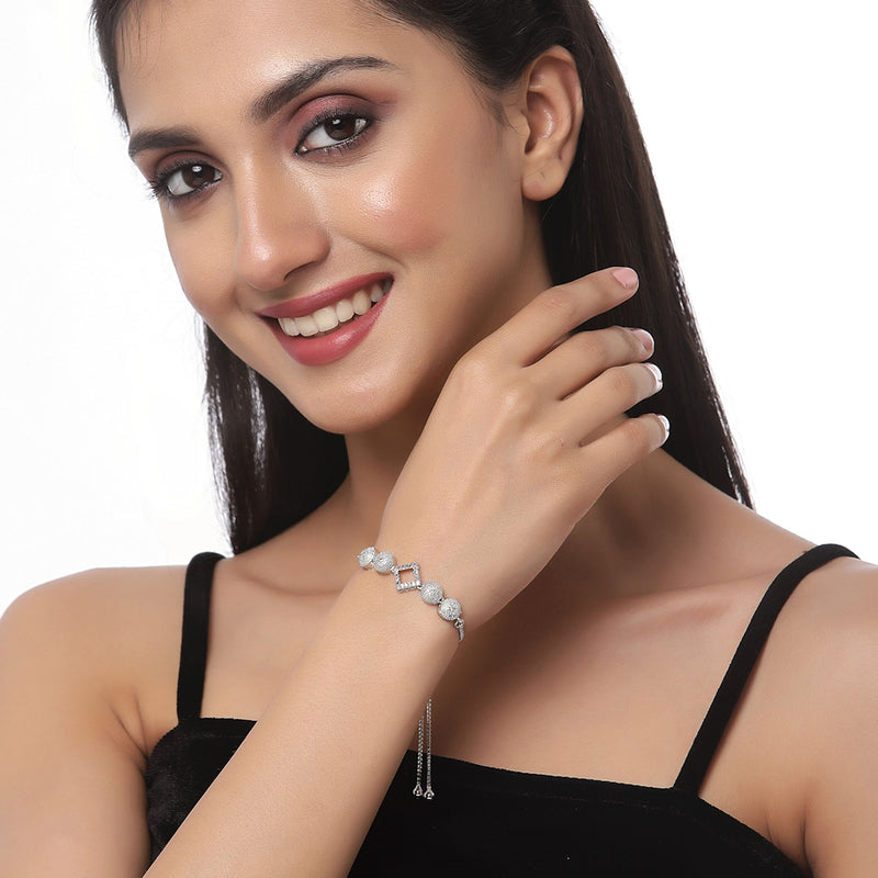 Rhodium Plated Silver Toned American Diamond Studded Square Charm & White Floral Design Adjustable Bracelet Combo Set of 2