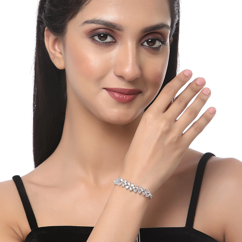 Rhodium Plated Silver Toned American Diamond Studded Heart Charm & White  Floral Design Adjustable Bracelet Combo Set of 2