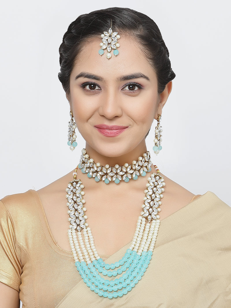 Gold-Plated Sky Blue & White Beaded Floral Kundan Studded Layered Jewellery Set