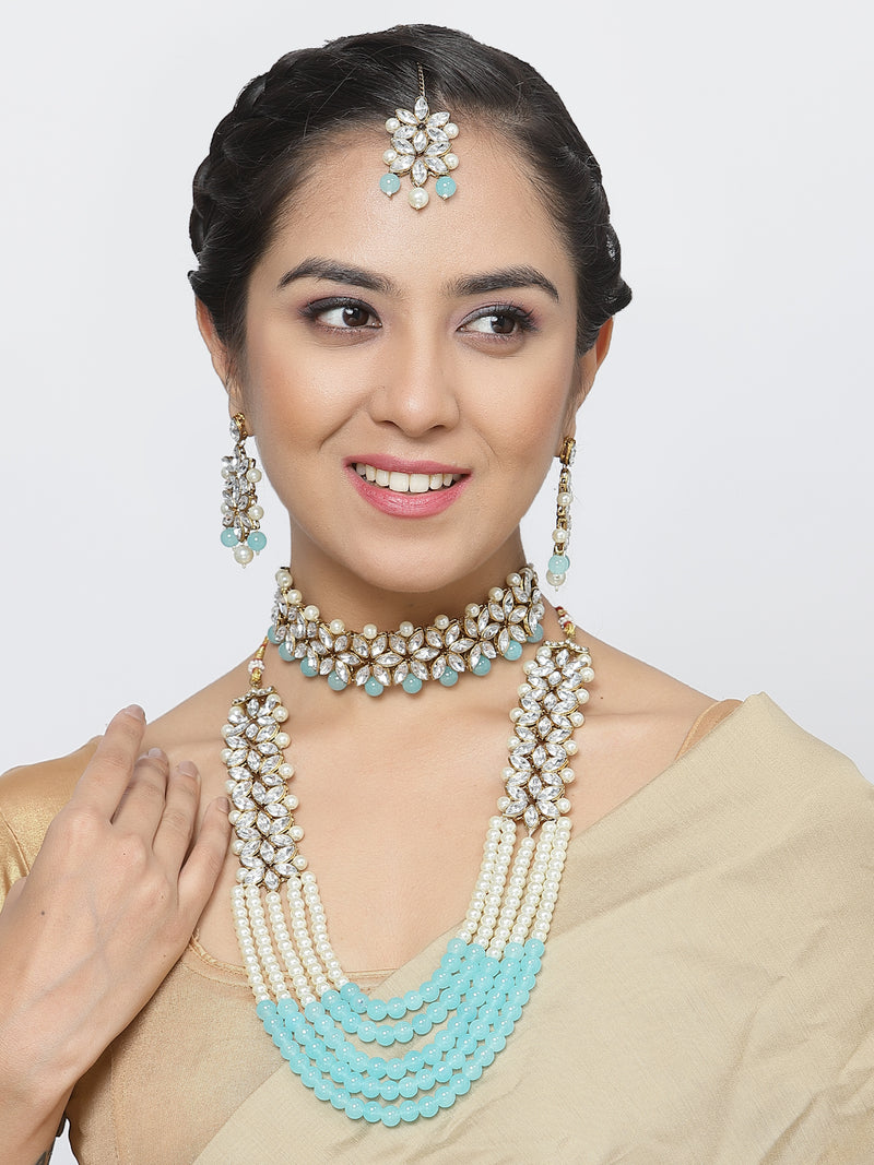 Gold-Plated Sky Blue & White Beaded Floral Kundan Studded Layered Jewellery Set