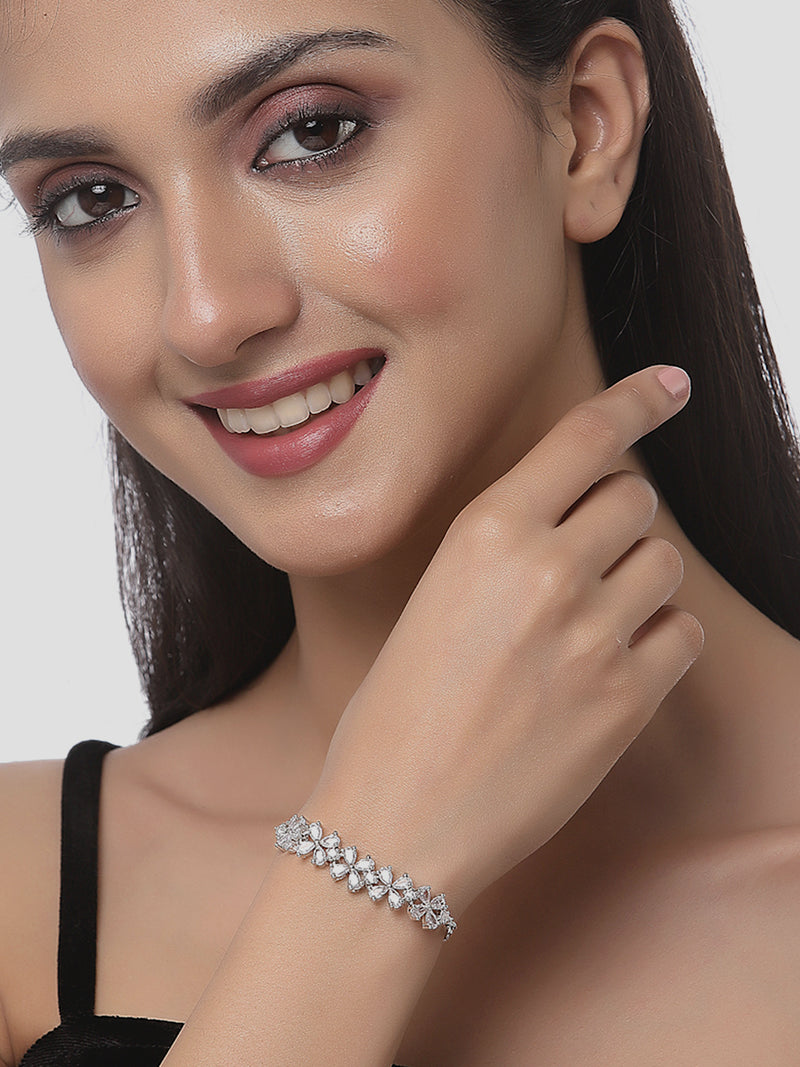 Rhodium Plated Silver Toned American Diamond Studded Heart Charm & White  Floral Design Adjustable Bracelet Combo Set of 2
